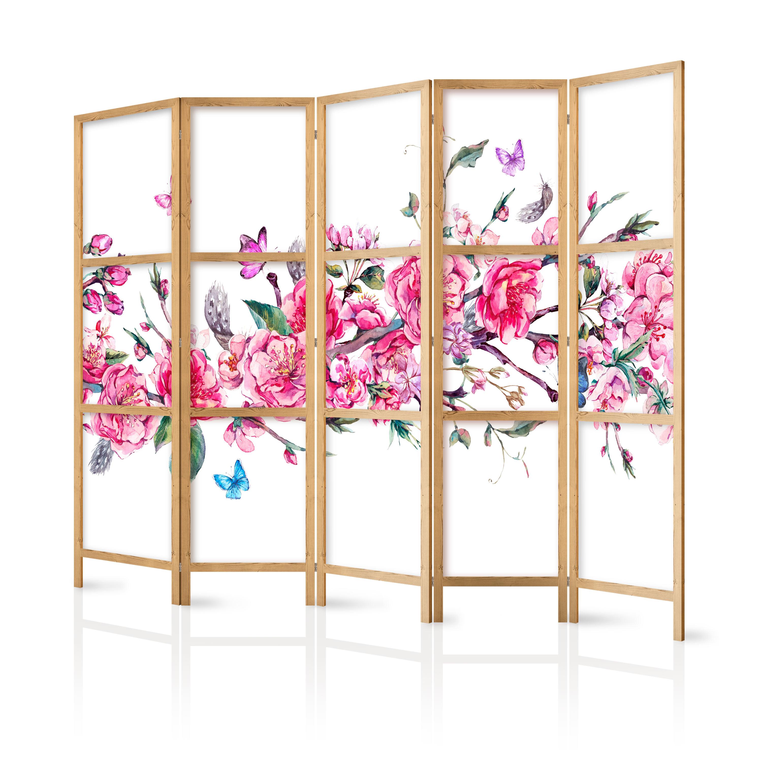 PARAVENT Japanischer 5-tlg 225x172 cm Bunte Blumen - Multicolor, Holz/Textil (225/172/3cm) - Muralo
