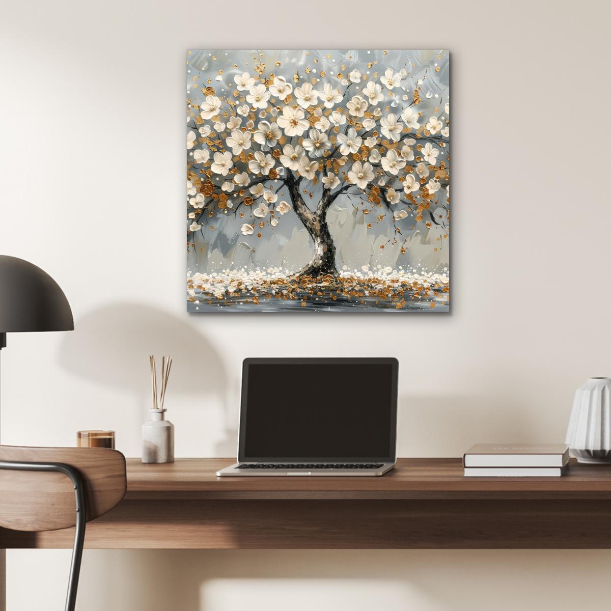 METALLBILD Baum - Blumen - Weiß - Natur - Kunst 50x50 cm - Weiß, Metall (50/50cm) - MuchoWow