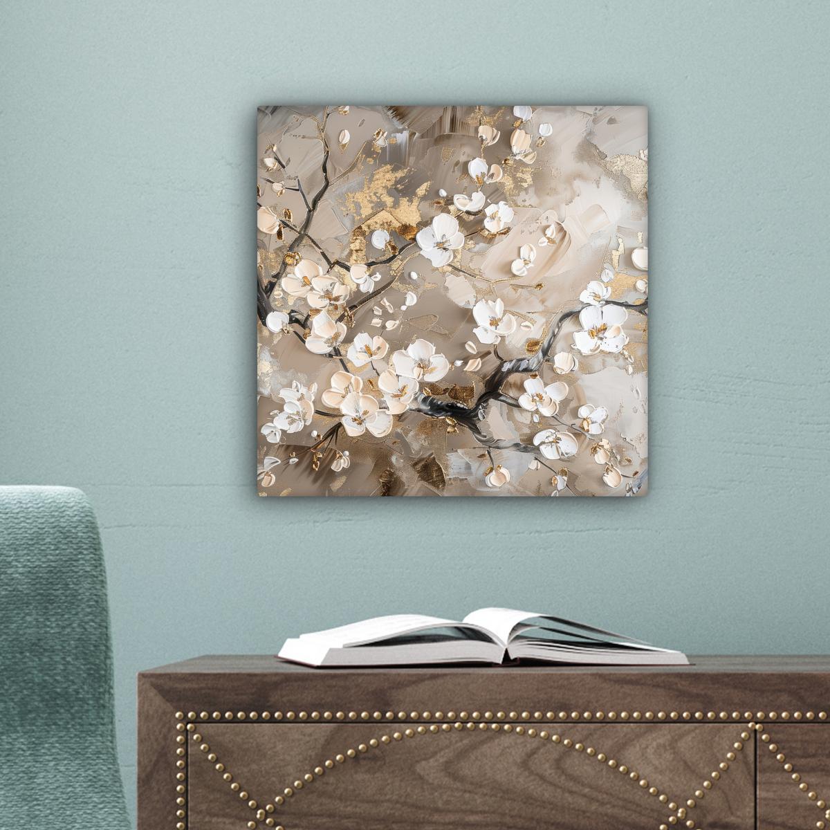 LEINWANDBILD Blumen - Weiß - Gold - Beige - Luxus Deko Wohnzimmer 20x20 cm - Greige, Textil (20/20cm) - MuchoWow