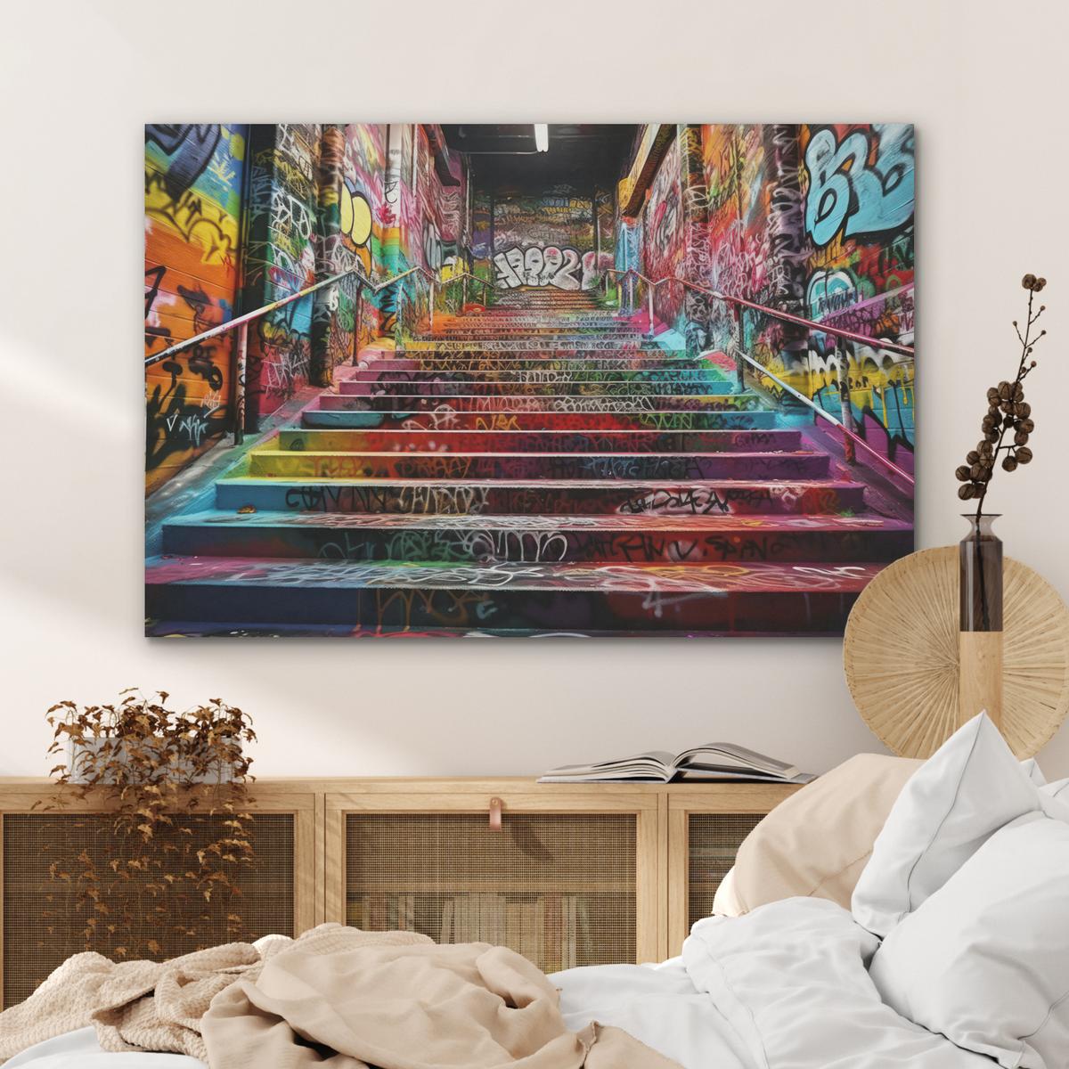 AKUSTIKBILD Treppe - Graffiti - Farben - Kunst Wandbild Wohnzimmer 100x70 cm - Multicolor, Kunststoff (100/70/0.9cm) - MuchoWow