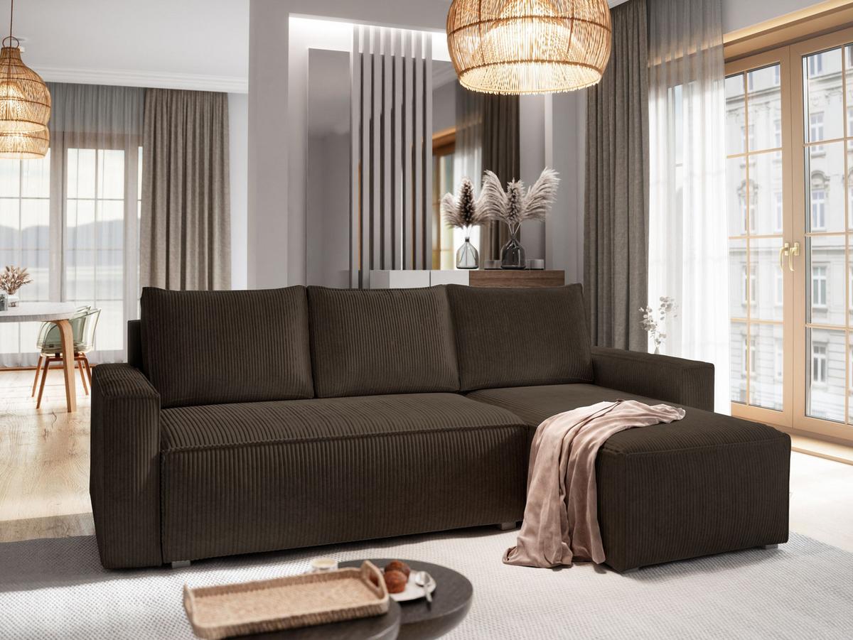 ECKSOFA POTARO Braun Kordstoff mit Schlaffunktion - Braun/Grau, Holz/Kunststoff (232/140cm) - MASSENO