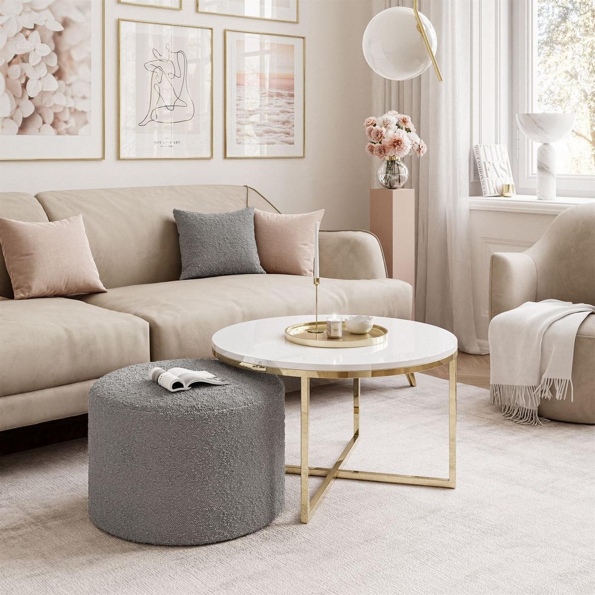 COUCHTISCH CIRI-X mit Hocker Gold Chrom|Weiß Hochglanz|Ascot taupe - Weiß Hochglanz/Goldfarben, Holzwerkstoff/Textil (70/70/46cm) - Lookway