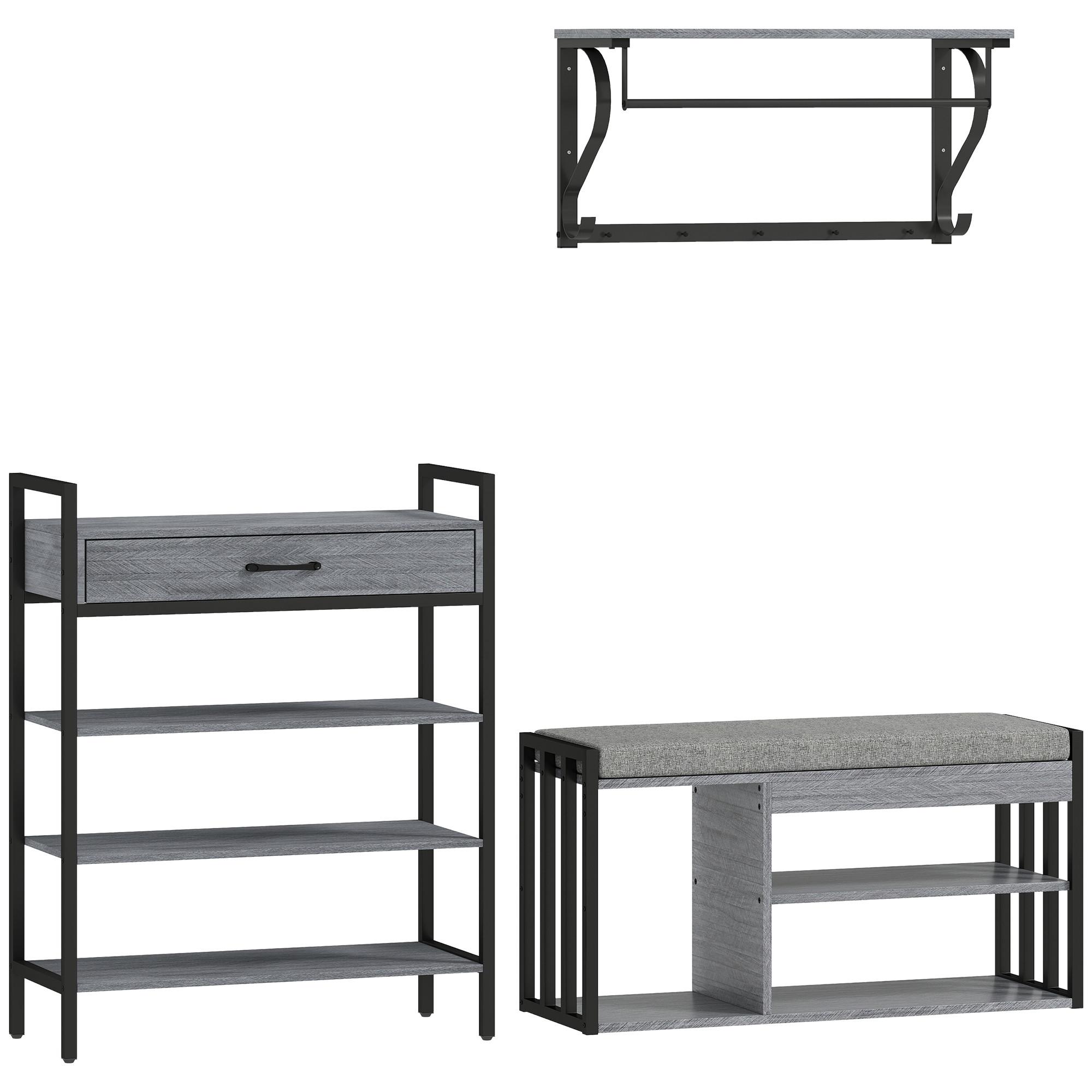 SCHUHREGAL 4 Ebenen Wandgarderobe mit Ablage 5 Haken und Stange gepolstert - Schwarz/Grau, Holzwerkstoff/Metall (30/87.6/70cm) - HOMCOM
