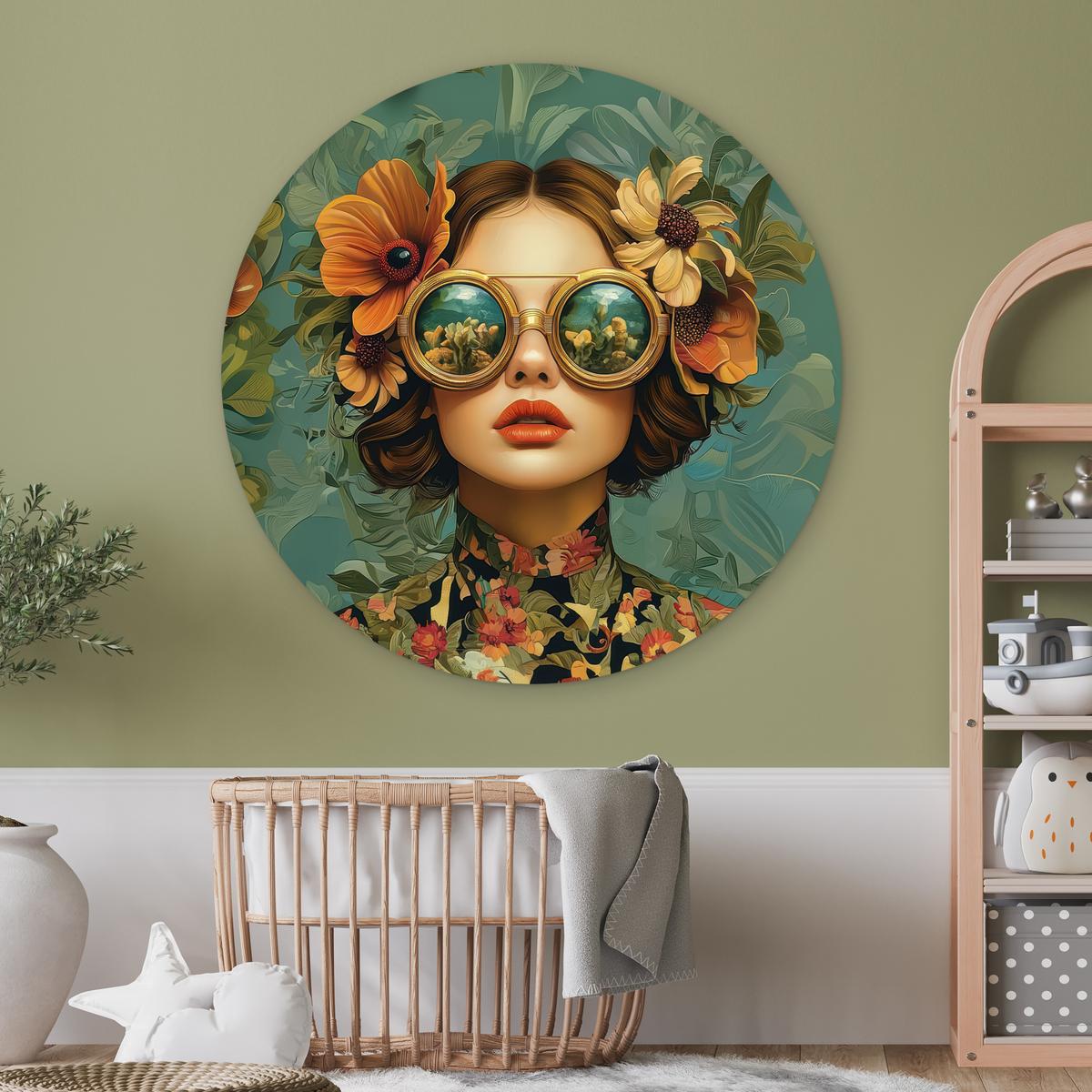 WANDBILD Frau - Blumen - Schmetterlinge - Natur - Vintage Deko Groß 150x150 cm - Petrol, Kunststoff (150/150cm) - MuchoWow