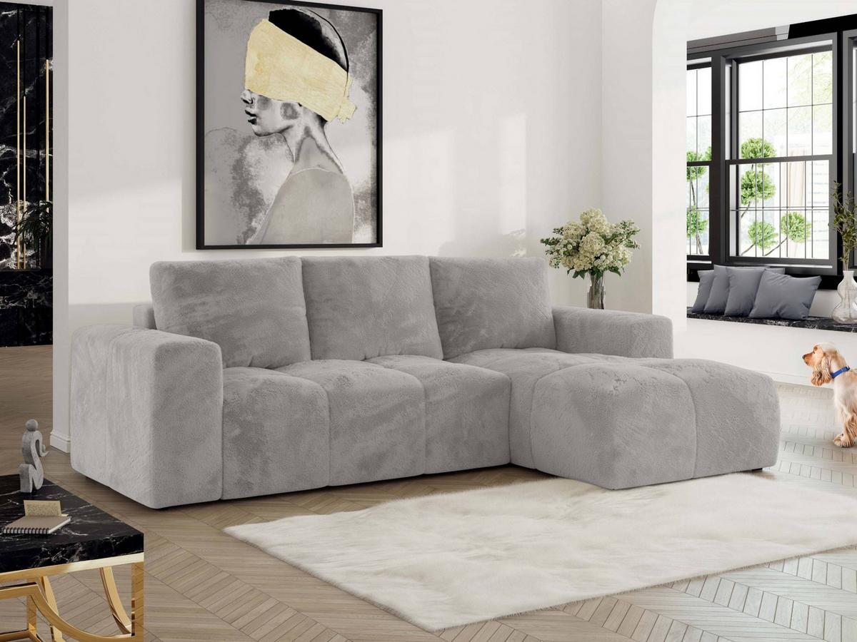 ECKSOFA MONIVA Hellgrau Plüsch - Rechts - Hellgrau/Schwarz, Textil (266/164cm) - MKS