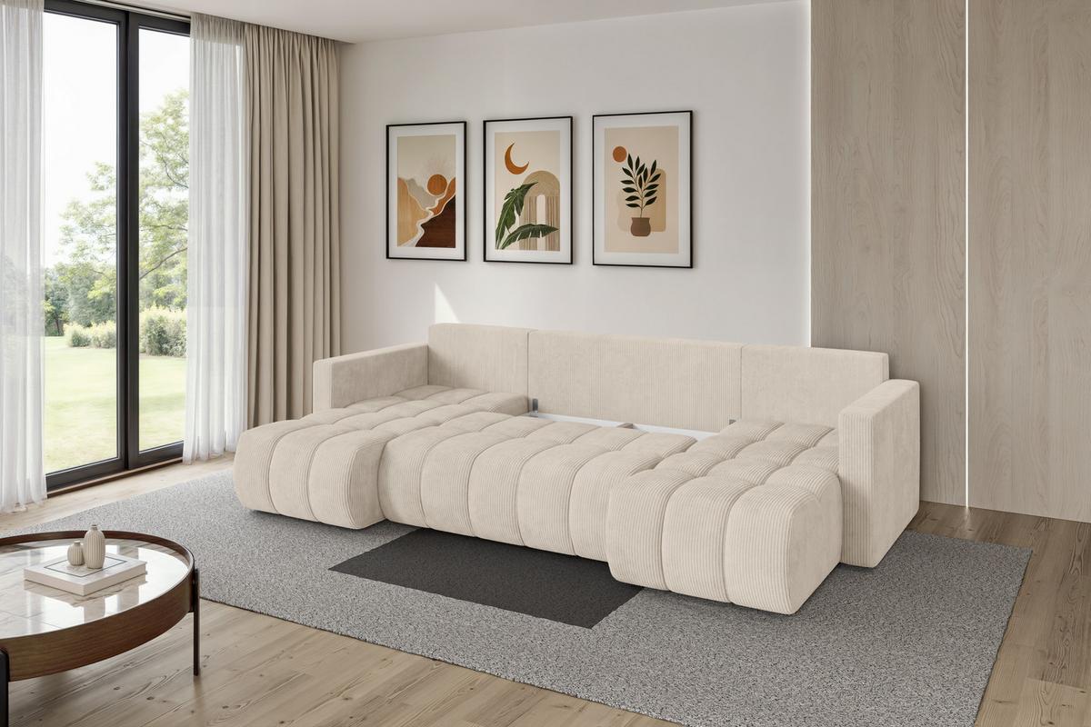 WOHNLANDSCHAFT mit Schlaffunktion und Bettkasten GARD-U 300x146x85 Beige Cord - Beige/Schwarz, Holzwerkstoff/Kunststoff (300/85/146cm) - ALTDECOR