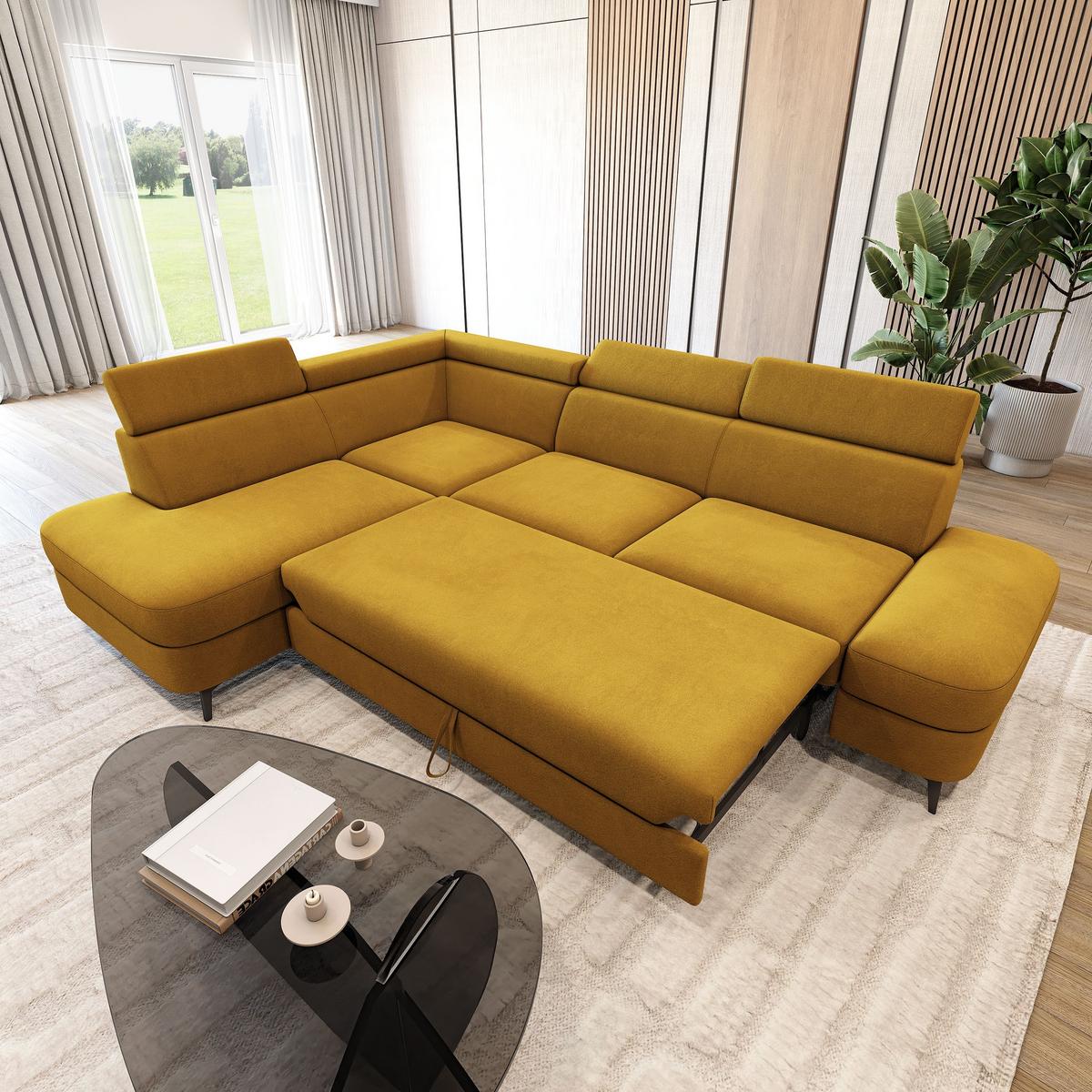 ECKSOFA AVISE MV L-S Gelb Velours-Stoff mit Schlaffunktion - Gelb, Holzwerkstoff/Textil (268/195cm) - MASSENO