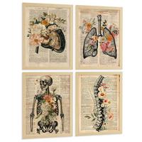 POSTER Set aus 4 Anatomie Drucke und Wandbilder mit Leber Lungen Atmungssystem Skelett Schädel Wirbelsäule Zeitungsstil Größe Leichter Holzrahmen A3 - Beige, Papier (29.7/42/3cm) - Nacnic