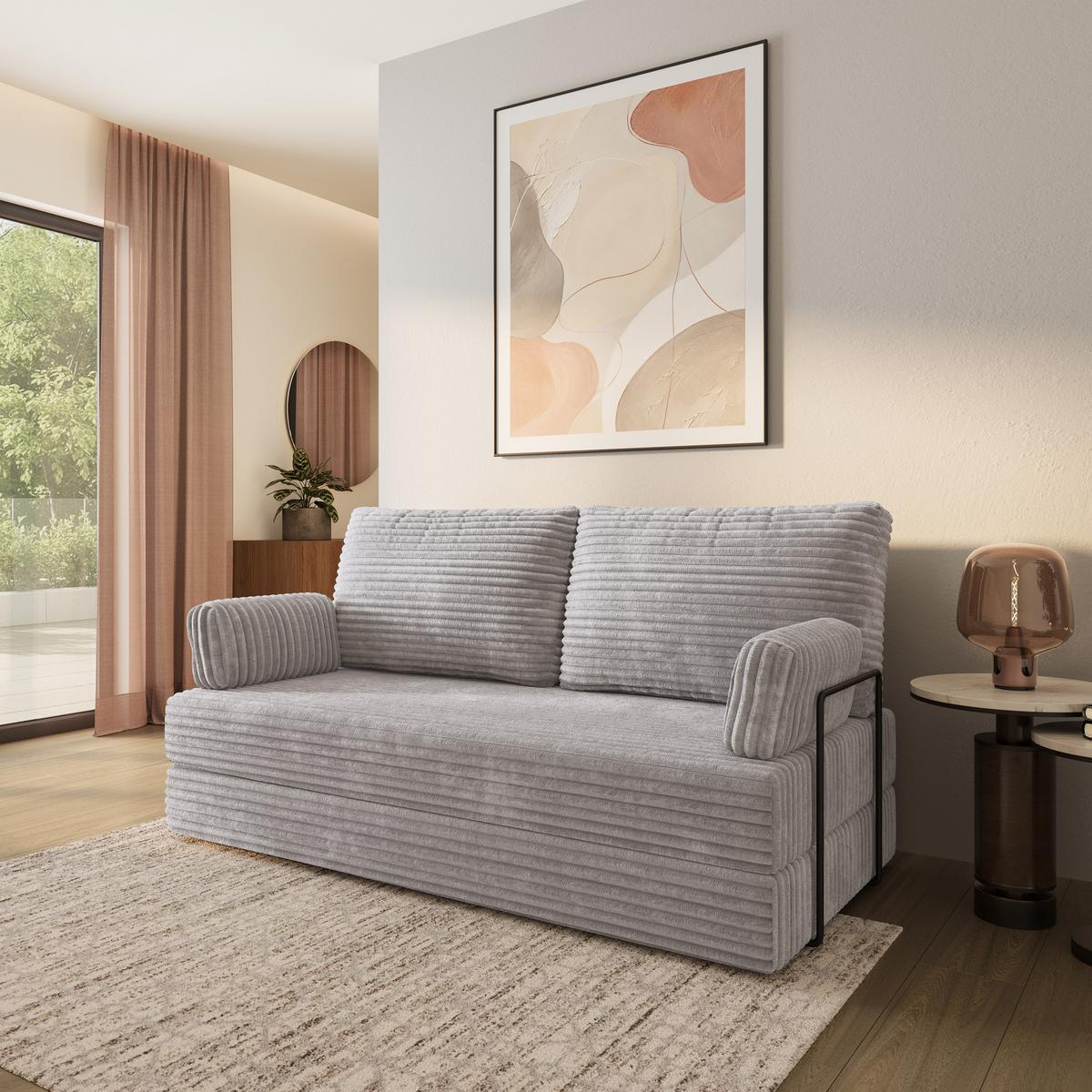BETTSOFA SILAR aus Schaumstoff Kordstoff Hellgrau Schlaffunktion - Grau, Textil (170/86/80cm) - MASSENO