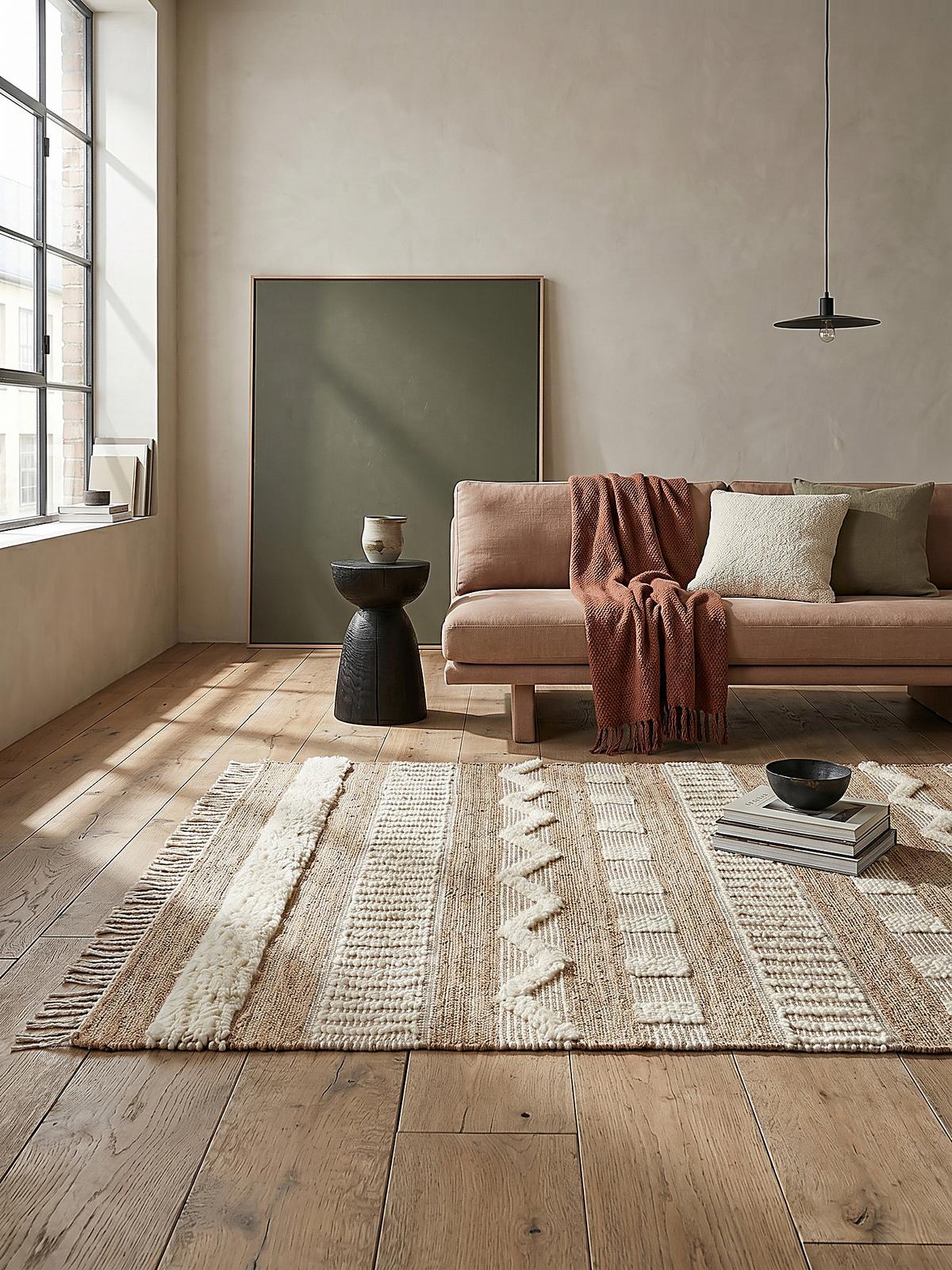 JUTETEPPICH handgewebt mit Fransen WHARFE, im Ethno-Stil, Natur-Weiß, 120 x 170 cm - Weiß, Textil (170/120cm) - KADIMA DESIGN