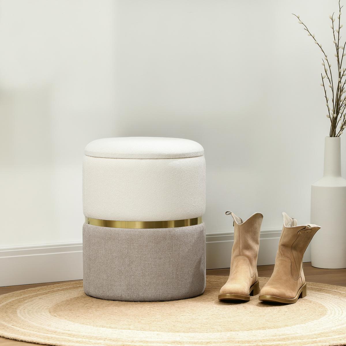 SITZHOCKER mit Stauraum Hocker mit Deckel, Metallring, zweifarbig Design Rund - Creme, Kunststoff (36/44/36cm) - HOMCOM