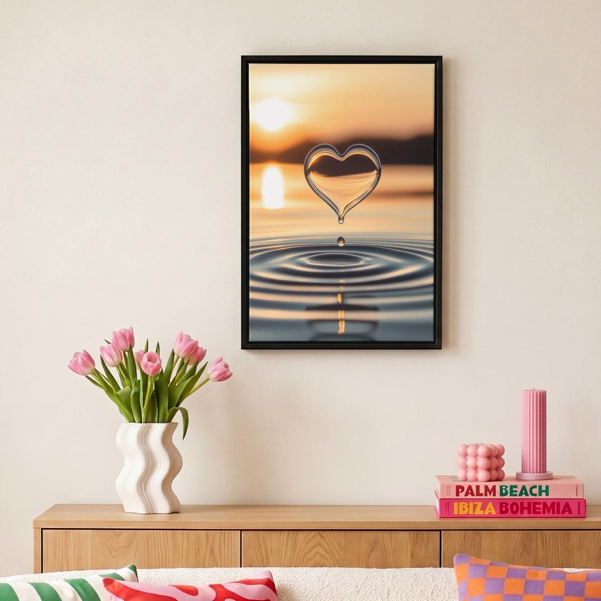 LEINWAND Bilder mit Rahmen - Herz - Wasser - Sonnenuntergang - Natur - Zen - 20x30 - Bernsteinfarben, Textil (20/30cm) - MuchoWow