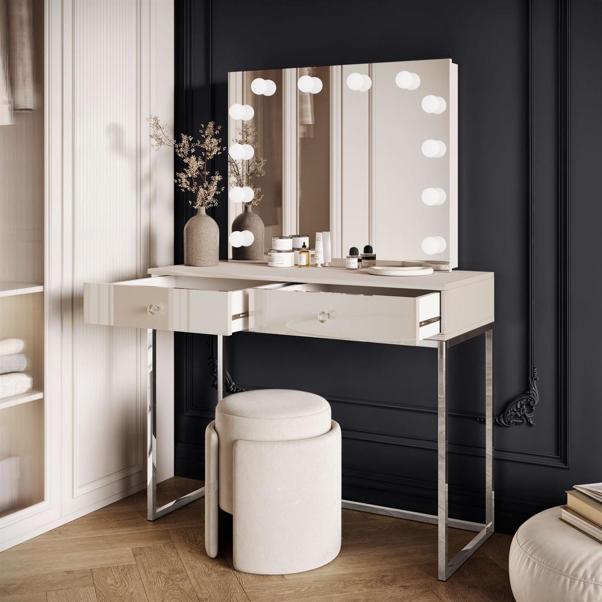 SCHMINKTISCH BLANCO KASCHMIR ELITE mit Spiegel und Beleuchtung silberner Chrom Kristallgriff - Beige, Holzwerkstoff (100/81/42cm) - Lookway