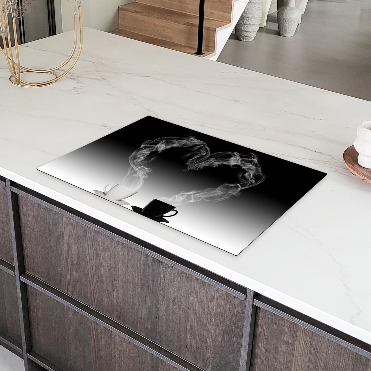 HERDABDECKPLATTE Kaffee - Herz - Schwarz und weiß - Tassen Abdeckung Ceranfeld 81.2x52 cm - Weiß, Kunststoff (81.2/52/0.2cm) - MuchoWow