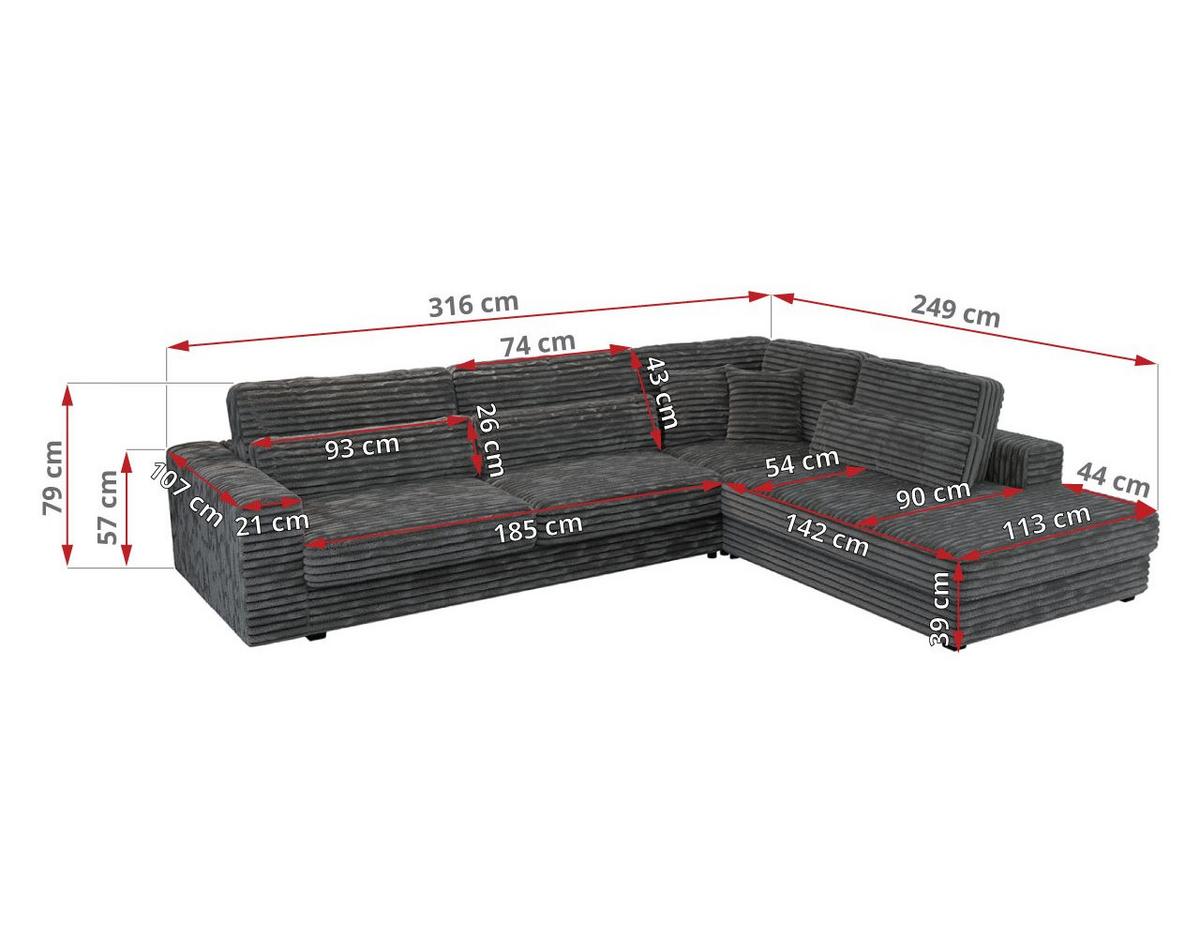 ECKSOFA Savona Dunkelgrau breiter Cord - links - Dunkelgrau/Schwarz, Kunststoff/Textil (316/249cm) - MKS