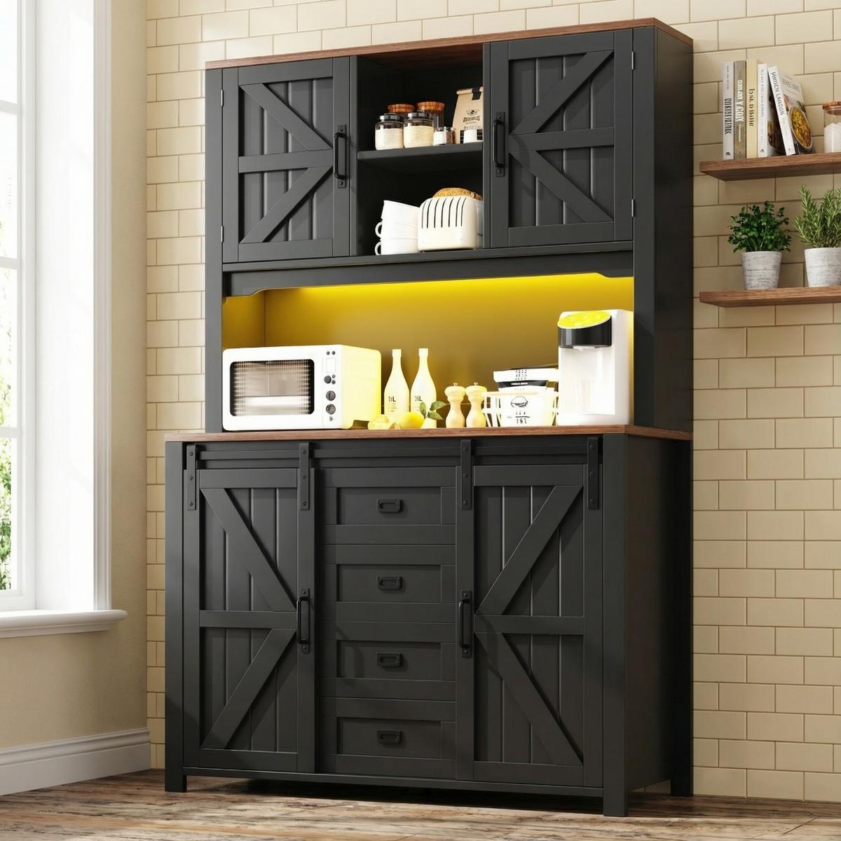 HIGHBOARD in Schwarz mit LED & Schiebetüren - Dunkelblau, Holzwerkstoff (115/175/40cm) - Urban Meuble