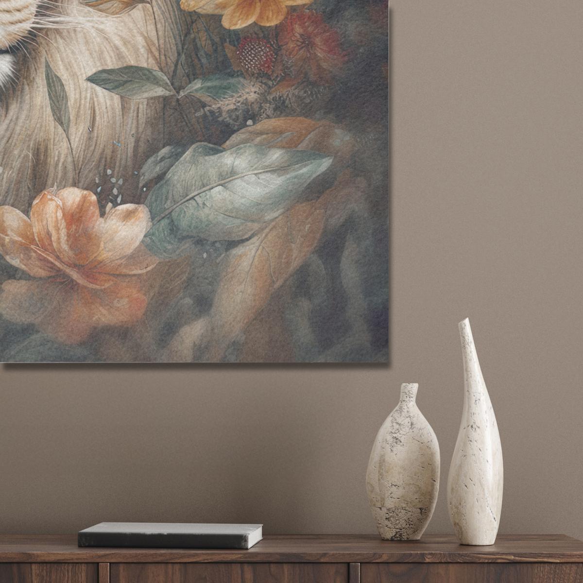 AKUSTIKBILD Löwe - Wildtiere - Pflanzen - Natur - Blumen Akustikpaneele 90x90 cm - Beige, Kunststoff (90/90/0.9cm) - MuchoWow