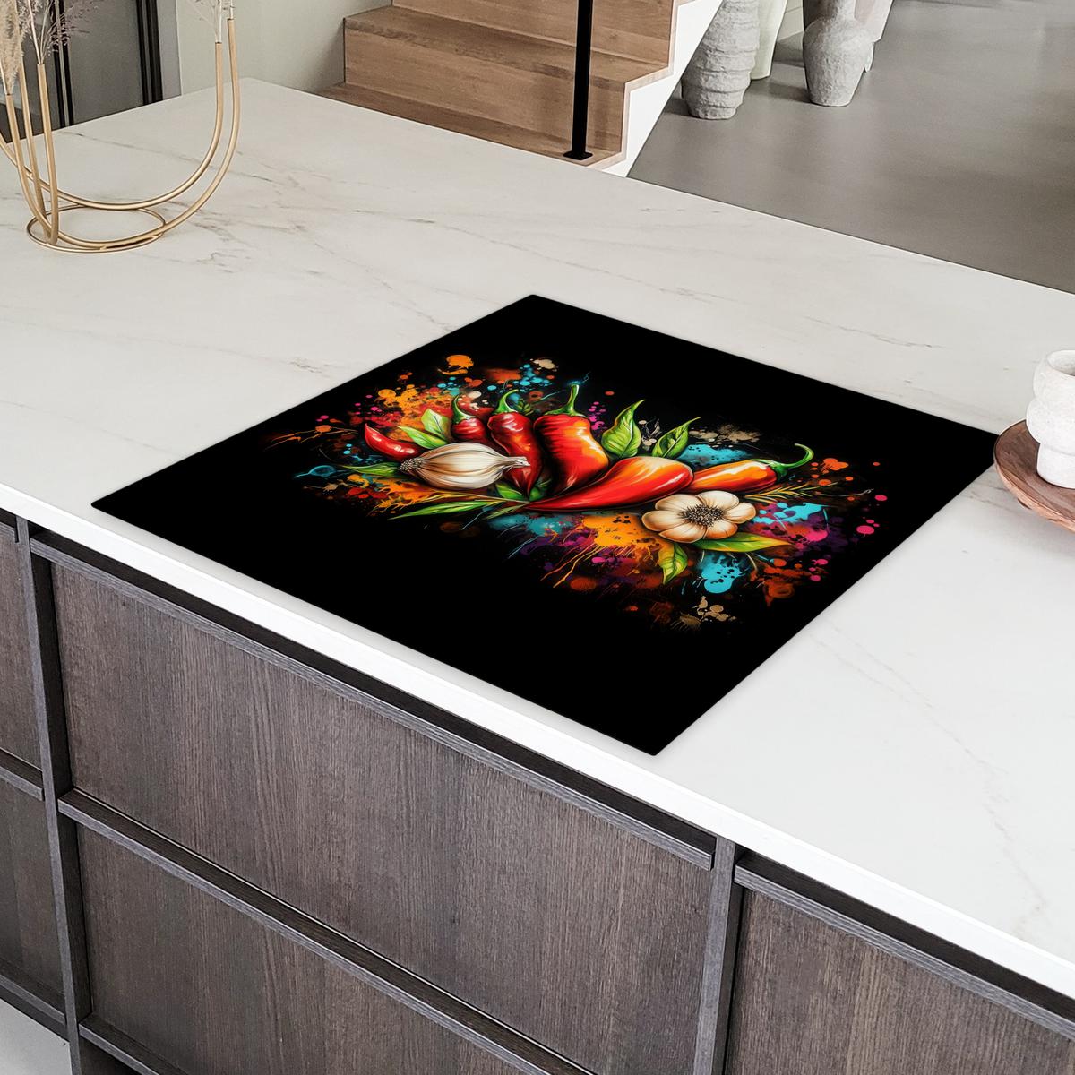 HERDABDECKPLATTE Gemüse - Paprika - Knoblauch - Graffiti - Farbe - Bunt Induktionsmatte 78x78 cm - Rot, Kunststoff (78/78/0.2cm) - MuchoWow