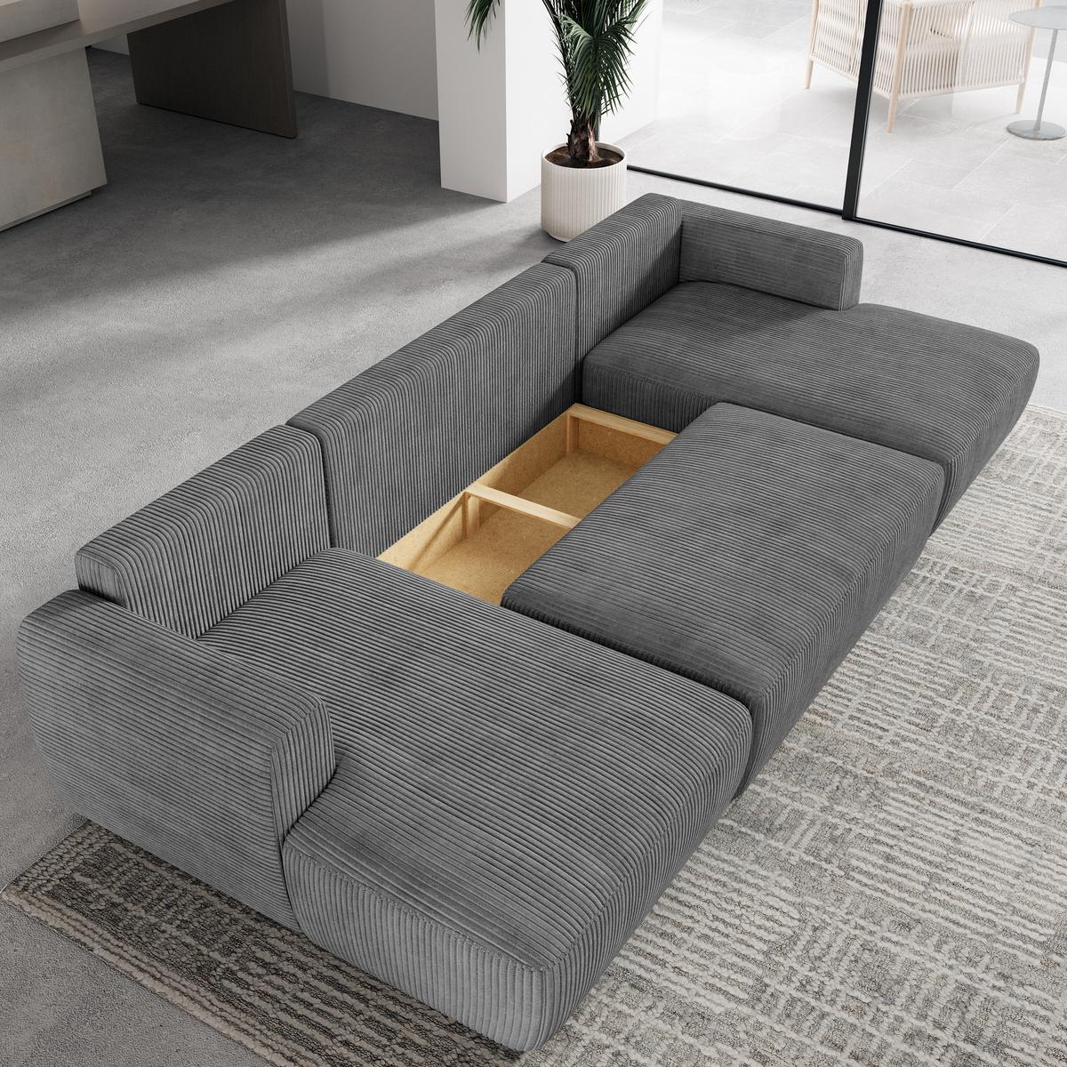 WOHNLANDSCHAFT SENTUM P Grau Kordstoff mit Schlaffunktion - Schwarz/Grau, Holz/Kunststoff (330/90/148cm) - MASSENO
