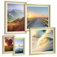 BILDER SET 5er Set - 50x50 cm & 20x30 cm & 40x60 cm Goldrahmen - Landschaften Berge Wellen Baum Herz Pier - Goldfarben, Kunststoff (40/60cm) - TULUP