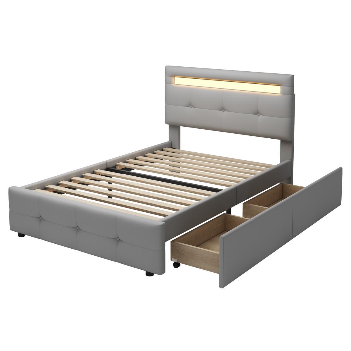 POLSTERBETT 90x200 cm in Leinen-Optik Grau mit LED-Beleuchtung & 2 Schubladen - Grau, Textil (90/200cm) - Urban Meuble