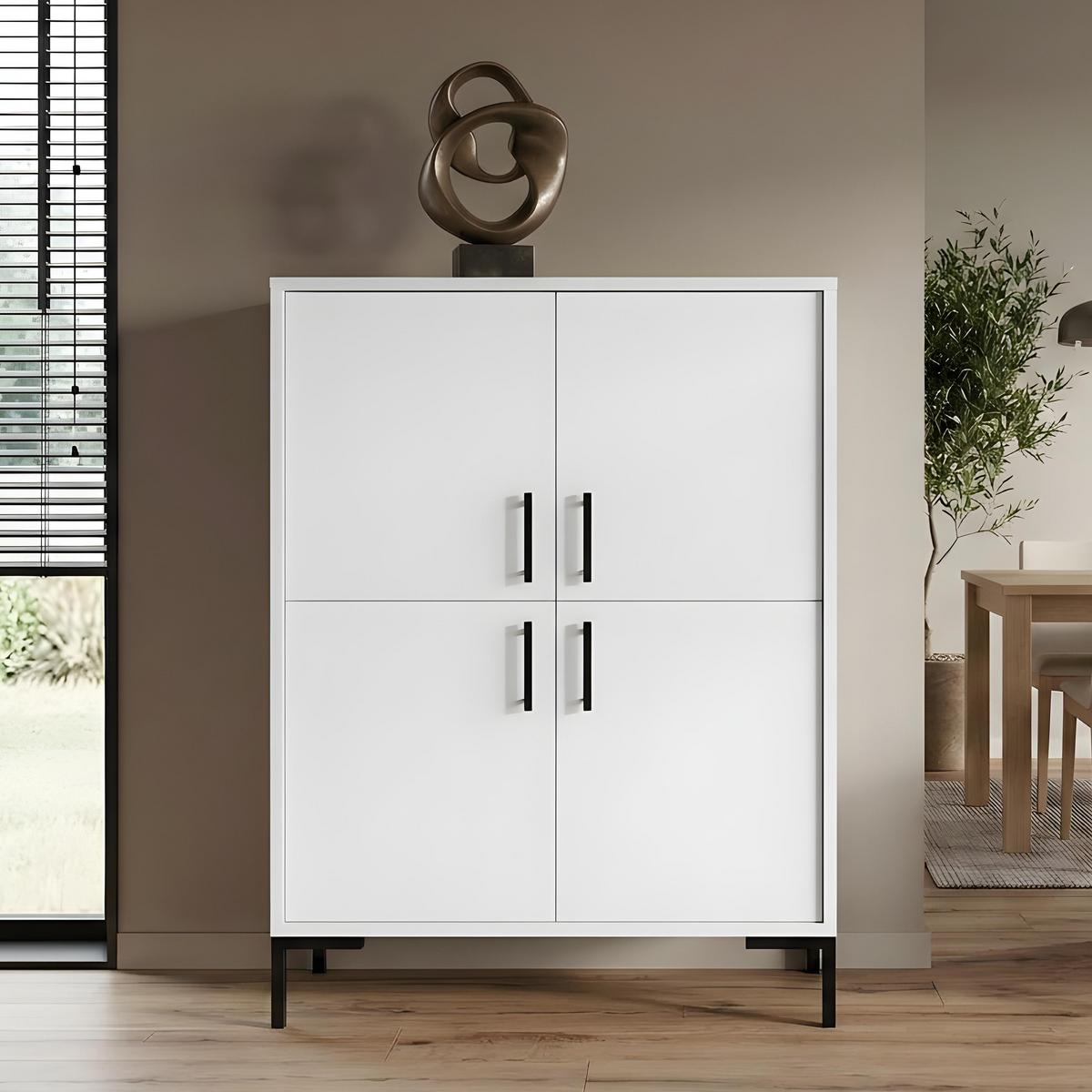 KOMMODE Selena, Highboard mit 4 Türen, Metallfüße, Selbstschließer, Weiß, 100 cm - Schwarz/Weiß, Holzwerkstoff/Metall (101/113/40cm) - Beautysofa