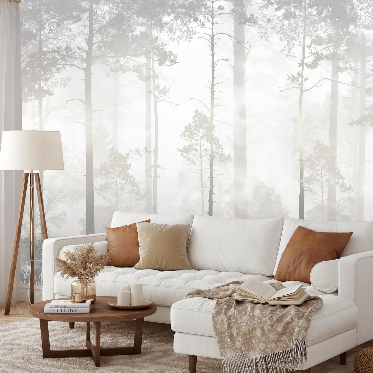 FOTOTAPETE für Schlafzimmer Nebliger Wald Bäume Sträucher Mystik 200x140 - Beige/Weiß, Papier (200/140cm) - Muralo