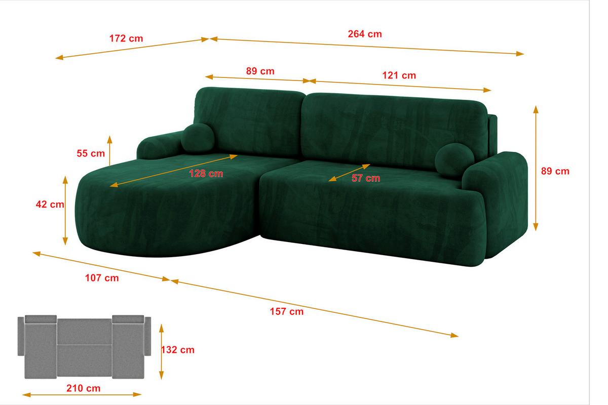 ECKSOFA mit Schlaffunktion und Bettkasten LIRA-L - 264x172x89 Grün - Grün, Holzwerkstoff/Textil (264/172cm) - ALTDECOR