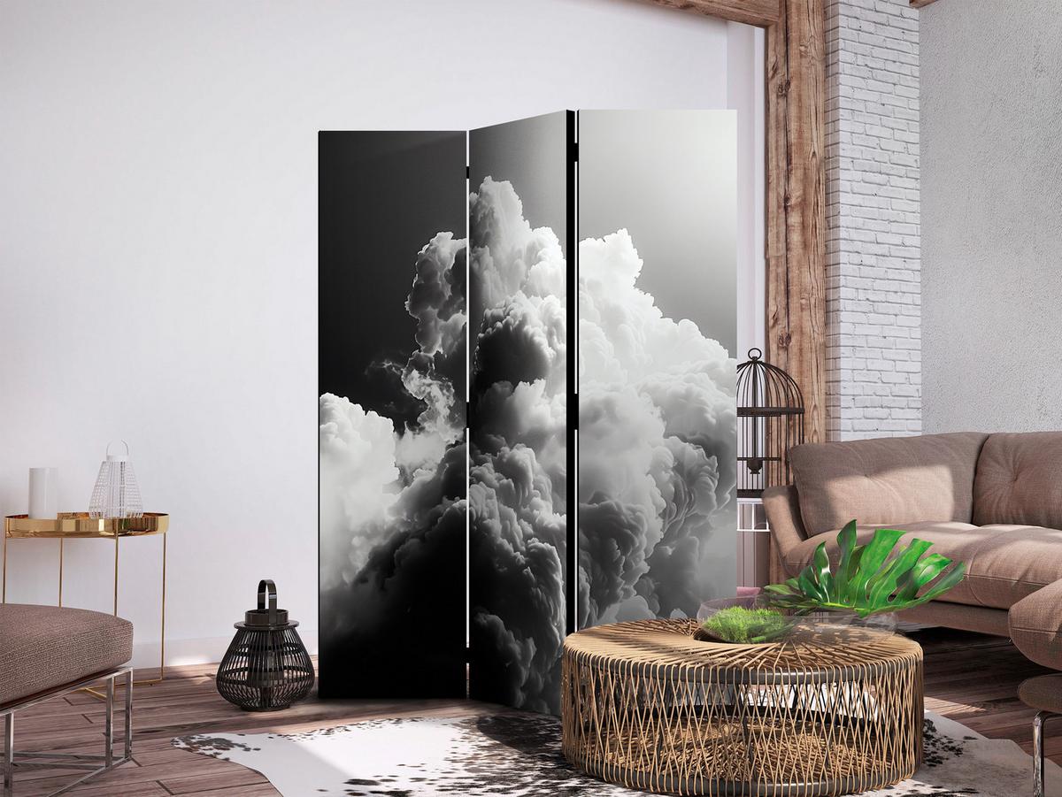 PARAVENT Akustik 3-tlg 135x172 cm Wolken im Schwarz-Wei - Schwarz, Holz/Textil (135/172/3cm) - Muralo