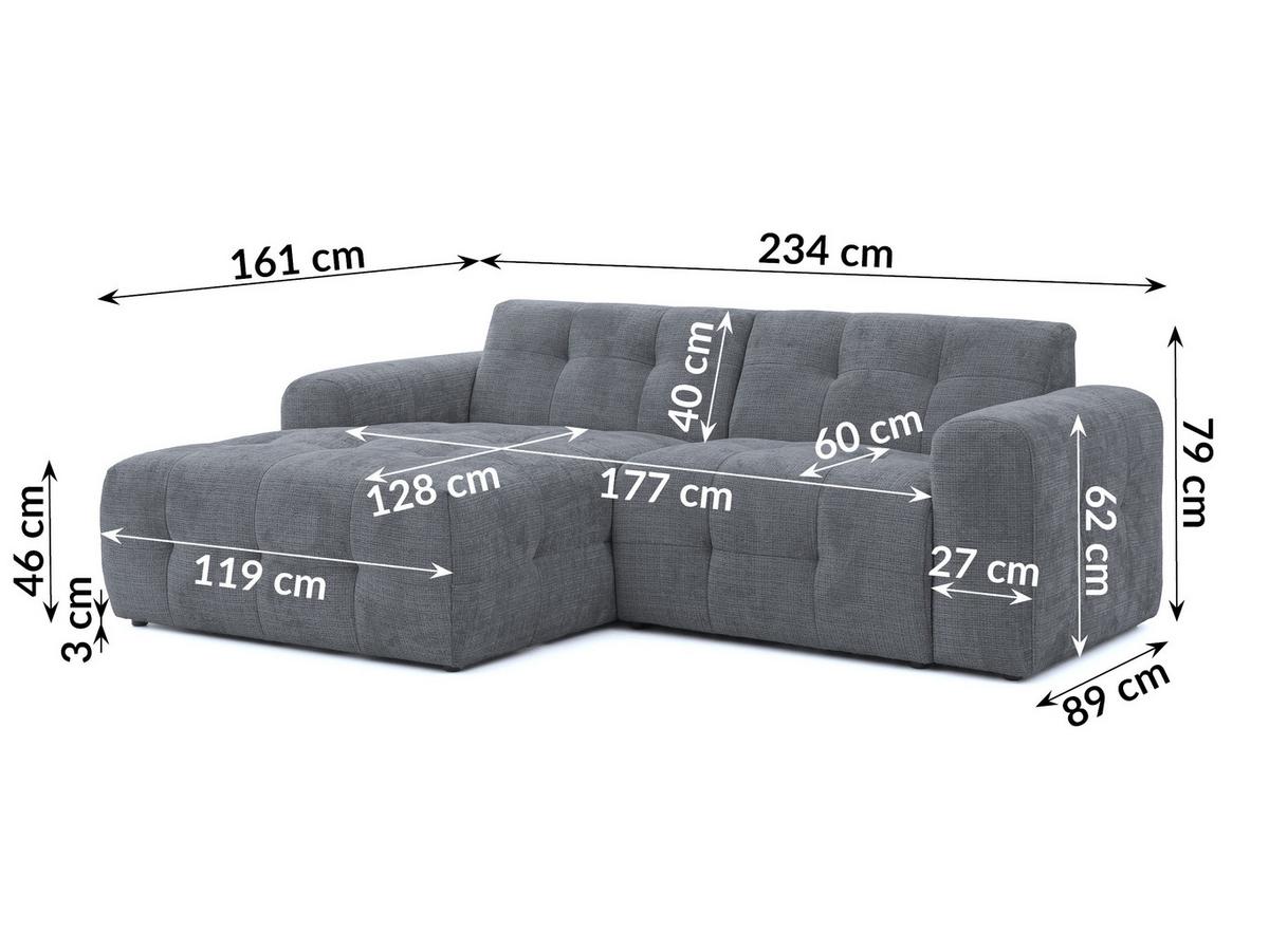 ECKSOFA mit Ottomane links, raffinierten Steppungen, Wellenunterfederung, B234/T161/H79 cm, Chenille-Bezug in Grau / 21046 - Schwarz/Grau, Kunststoff/Textil (234/79/161cm) - luma-home