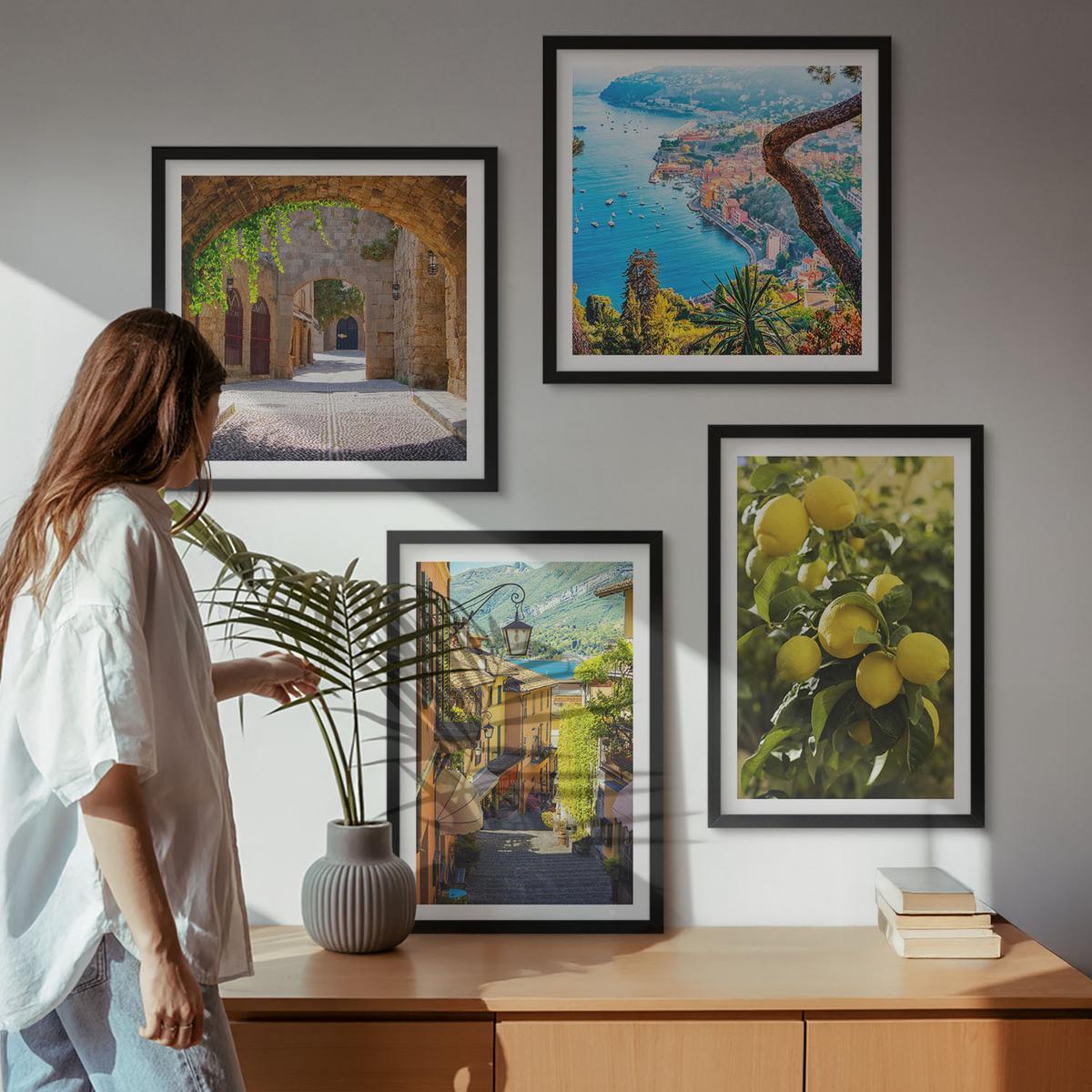 BILDER SET 4er Set - 50x50 cm & 40x60 cm Schwarzer Rahmen - Straßen am Meer, ein Meer aus Zitronen - Schwarz, Kunststoff (50/50cm) - TULUP