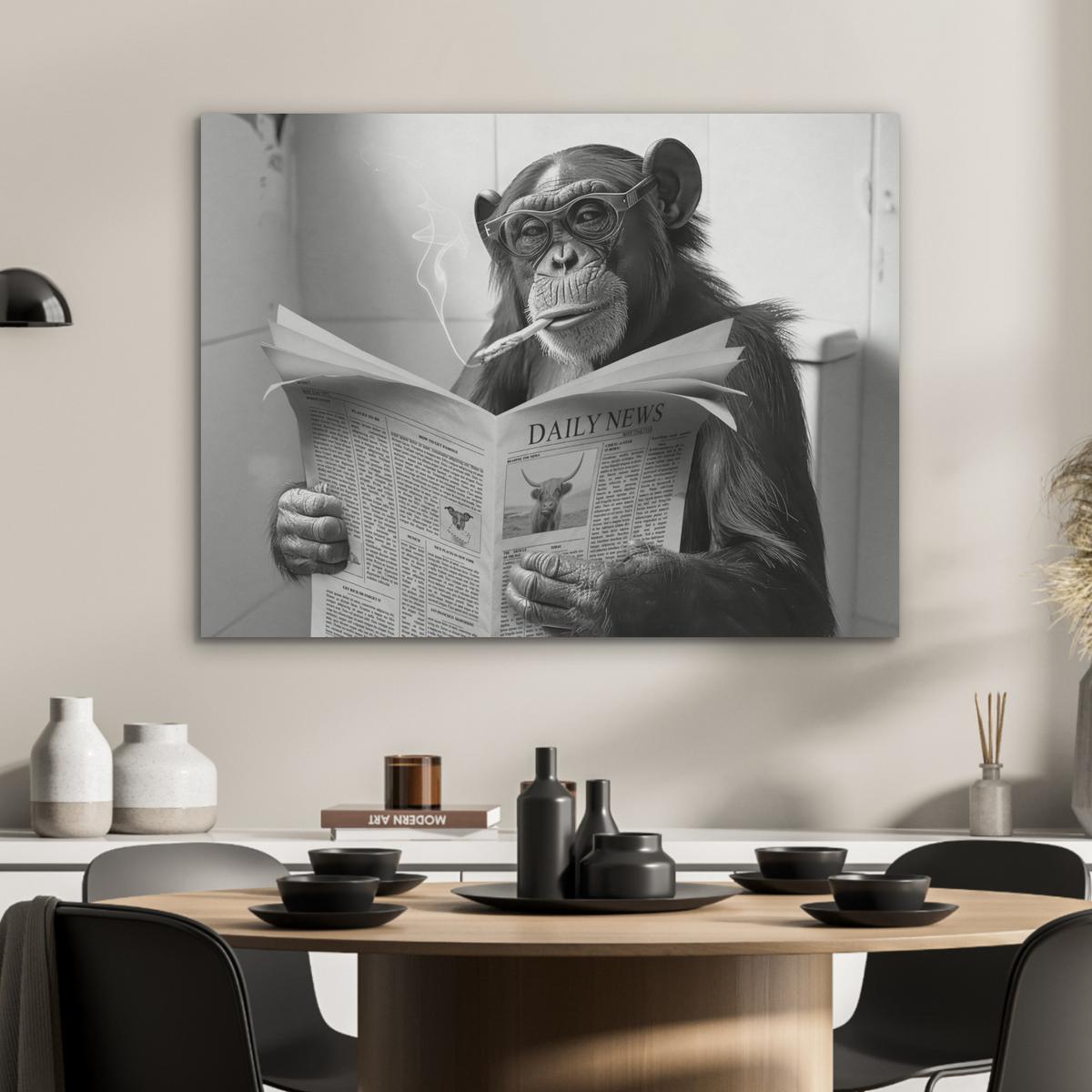 AKUSTIKBILD Affe - WC - Zeitung - Schwarz-Weiß - Humor Gemälde 80x60 cm - Hellgrau, Kunststoff (80/60/0.9cm) - MuchoWow