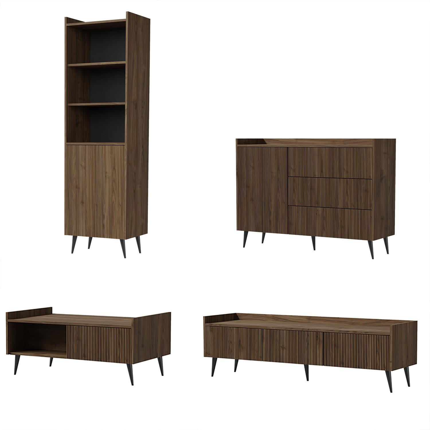 WOHNWAND Amfali 4-teilig –Lowboard, Kommode, Regal und Couchtisch, Push-to-open, Walnussfarben - Walnussfarben/Schwarz, Holzwerkstoff/Metall (150/180/41cm) - Beautysofa