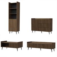 WOHNWAND Amfali 4-teilig –Lowboard, Kommode, Regal und Couchtisch, Push-to-open, Walnussfarben - Walnussfarben/Schwarz, Holzwerkstoff/Metall (150/180/41cm) - Beautysofa