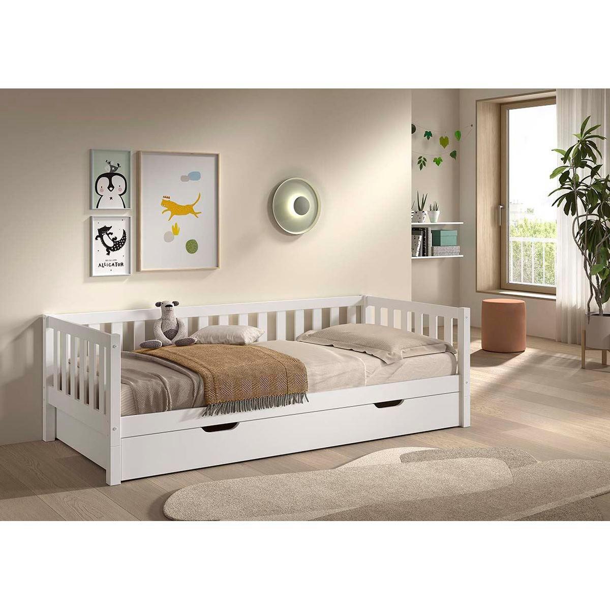 TAGESBETT Kapua 90x200 mit Bettschublade Kiefer Massivholz Weiß - Weiß, Holz (90/200cm) - 58aufmkessel