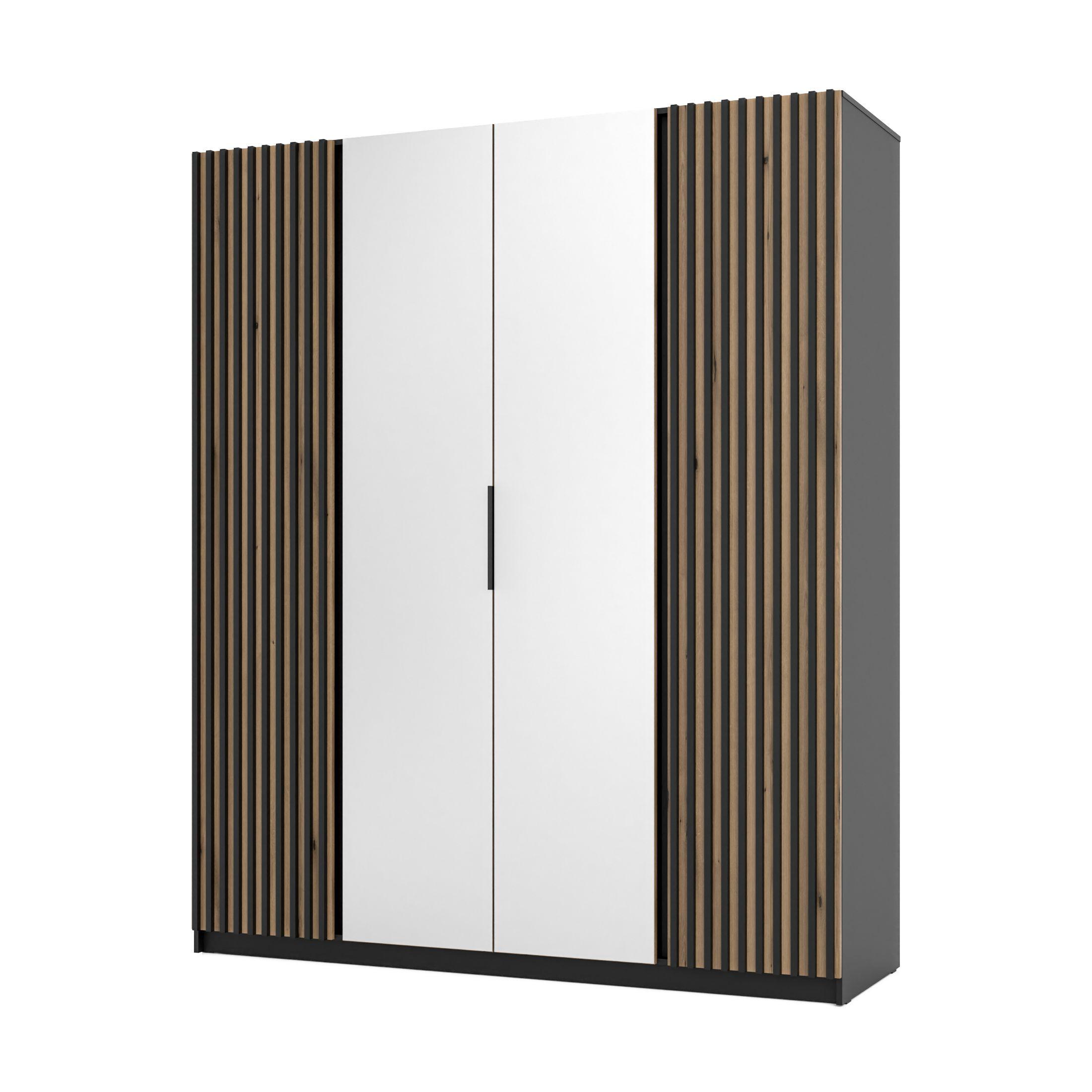 DREHTÜRENSCHRANK CAGLIARI 200/239/61,9cm 4-türig mit Spiegel Schwarz - Goldfarben/Schwarz, Holzwerkstoff (200/239/61.9cm) - MASSENO