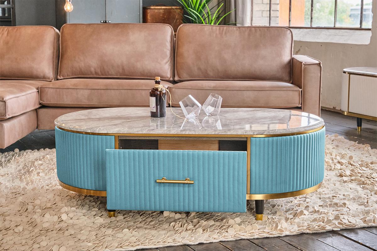 COUCHTISCH MARIA Hellblau Marmor, Kunstleder - Schwarz/Hellblau, Stein/Metall (70/130/45cm) - KAWOLA