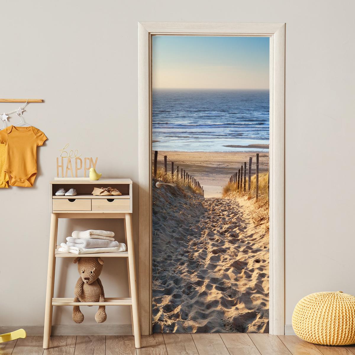 TÜRAUFKLEBER Strand - Meer - Niederlande - Dünen - Sonne 90x215 cm - Türtapete - Blau, Kunststoff (90/0.1cm) - MuchoWow