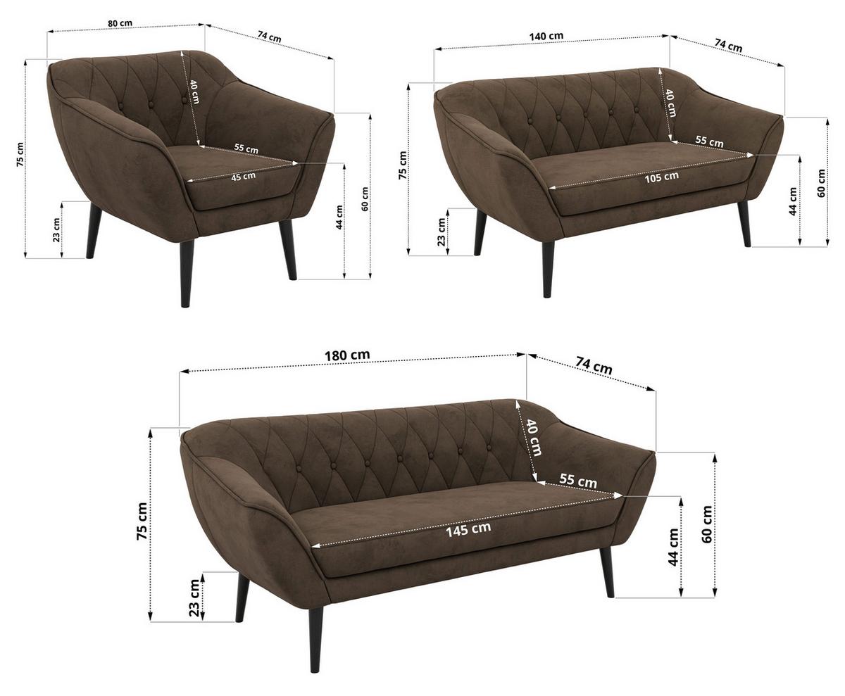 SITZGARNITUR PIRS 3+2+1 - Braun Velvet - Schwarze Beine - Dunkelbraun/Schwarz, Holzwerkstoff/Textil (180/75/74cm) - MKS