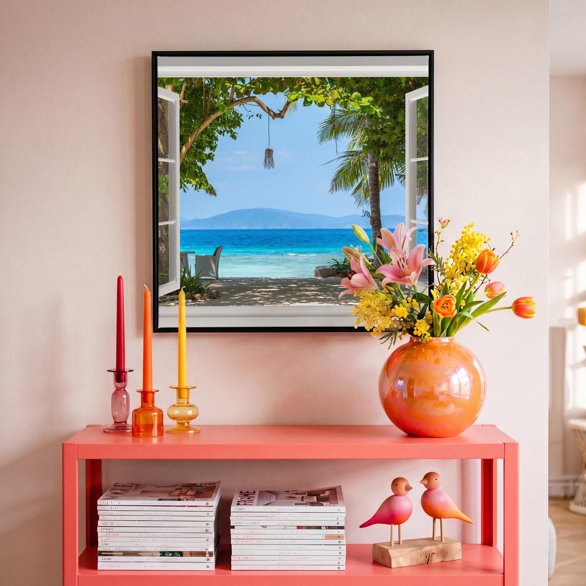 LEINWAND Bilder mit Rahmen - Aussicht - Baum - Meer - Palme - Hügel - Strand - Blau - 50x50 - Blau, Textil (50/50cm) - MuchoWow