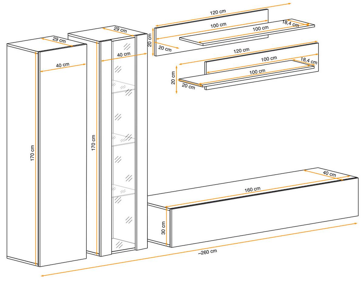 WOHNWAND Eiche Jackson 260 cm 5-teilig, Schrankwand hängend mit LED-Beleuchtung - Eichefarben, Glas/Holzwerkstoff (260/170/40cm) - Inn.Furn