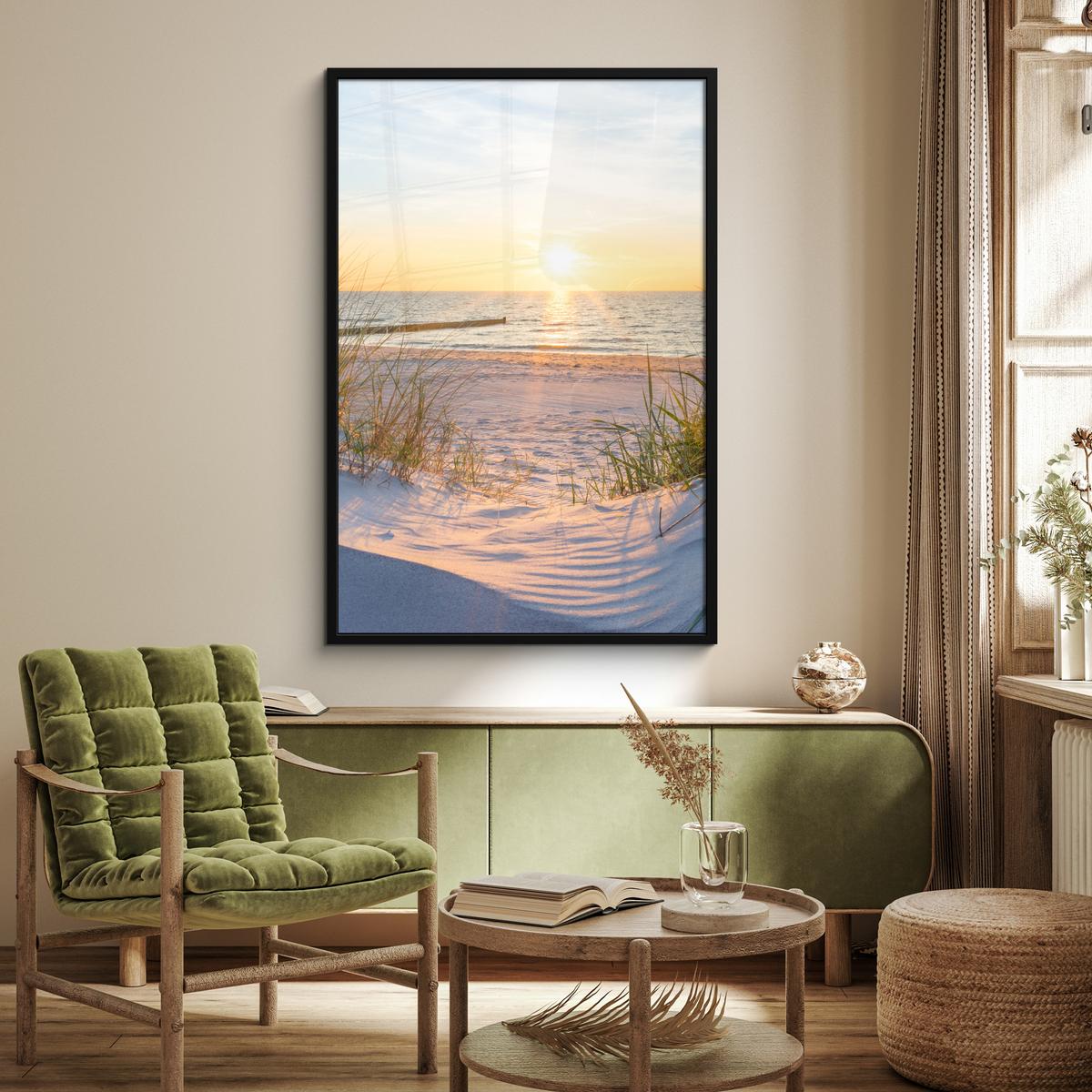 POSTER MIT RAHMEN Strand - Sonne - Düne - Gras - Sand - Horizont Bilderleiste 80x120 cm - Hellblau, Papier (80/120cm) - MuchoWow