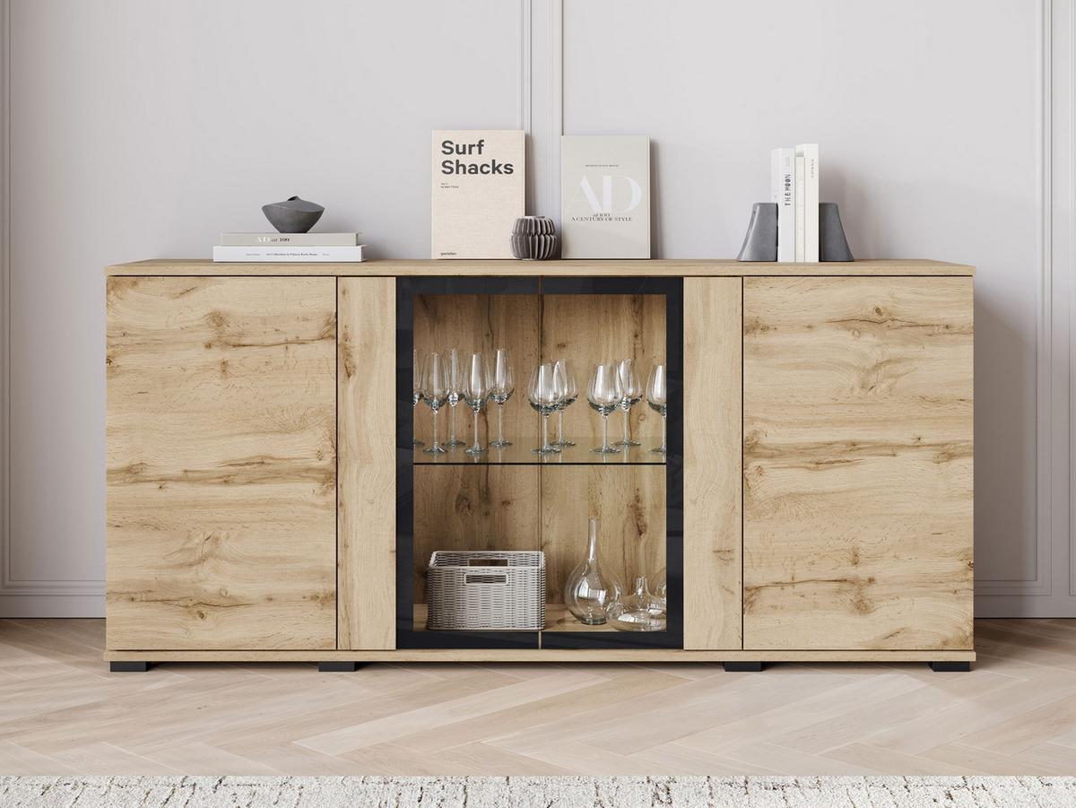 KOMMODE Caro SB 154 4D mit weißer LED Beleuchtung - Eiche Wotan/Schwarz, Holzwerkstoff/Kunststoff (150/70/40cm) - MIRJAN24