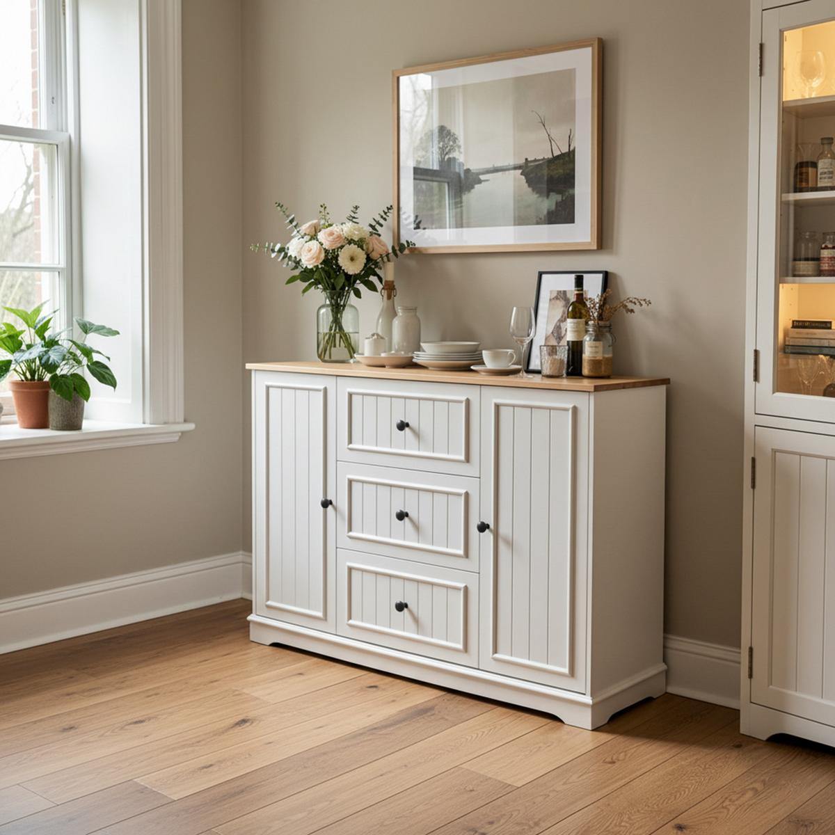 SIDEBOARD mit 3 schubladen & kühlschrank-türen - Weiß, Holzwerkstoff (126/86/40cm) - Urban Meuble