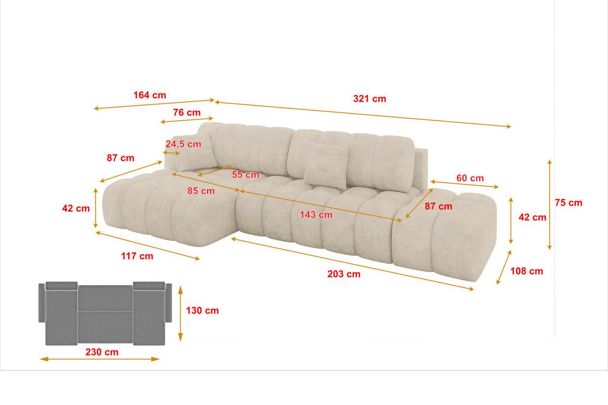 ECKSOFA mit Schlaffunktion Ottomane Links OLEA-L2 321x164x75 Beige Velours - Sandfarben/Schwarz, Holzwerkstoff/Kunststoff (321/164cm) - ALTDECOR