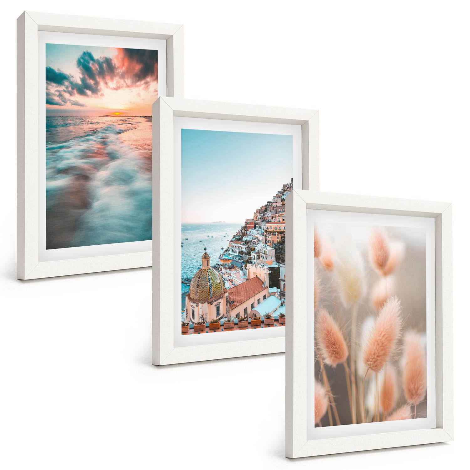 BILDER SET 3er Set - 20x30 cm Weißer Rahmen - Sonnenuntergang am Meer, Häuser, Blumen - Weiß, Kunststoff (20/30cm) - TULUP
