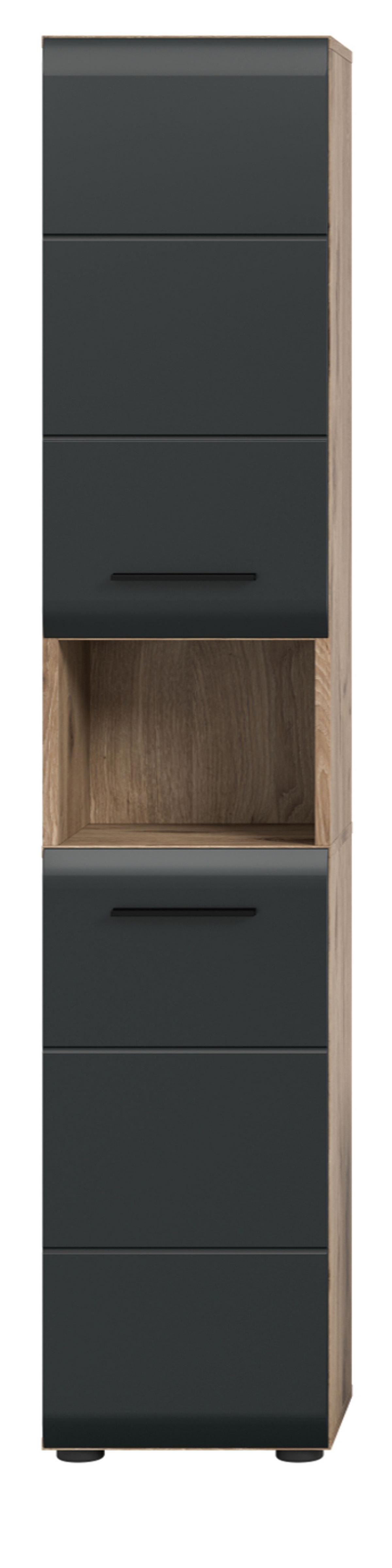 HOCHSCHRANK schwarz matt, Eiche Nox, Badschrank 2-türig 30 cm, 7 Fächer - Eichefarben/Schwarz, Holzwerkstoff/Kunststoff (30/185/30cm) - Inn.Furn