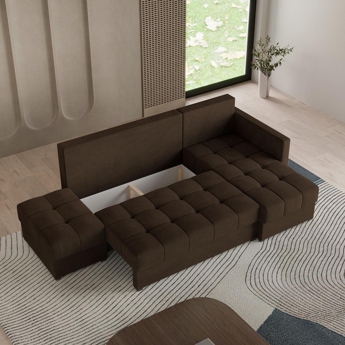 ECKSOFA LUMARI R-S Braun Plüsch-Stoff mit Schlaffunktion - Braun, Holz (262/143cm) - MASSENO