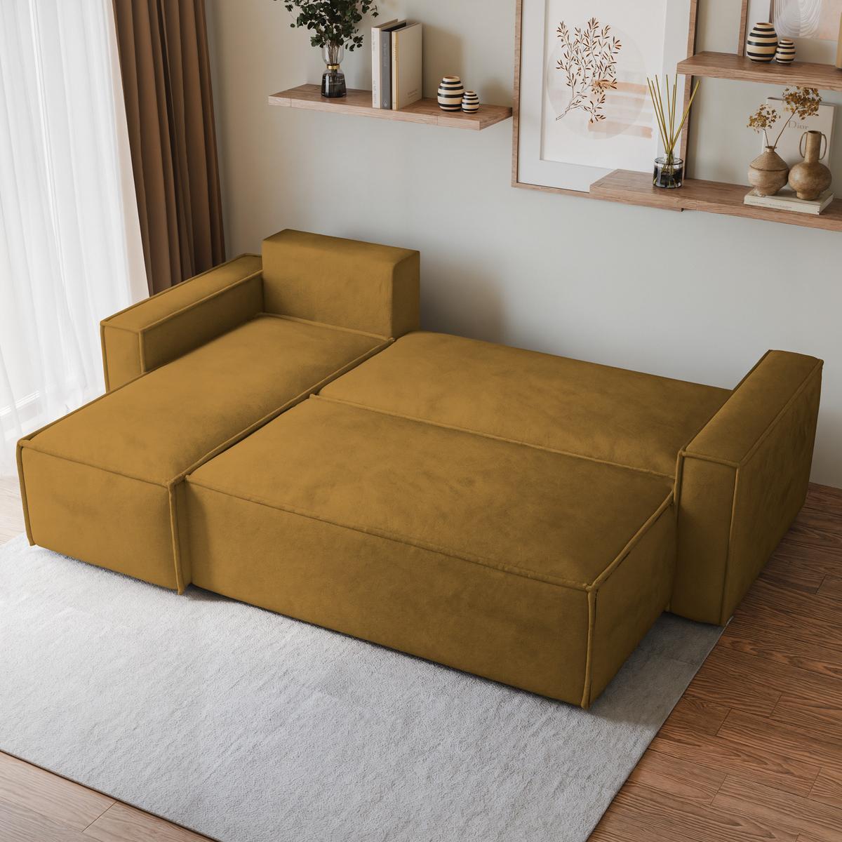 ECKSOFA RAVELO M Gelb Velours-Stoff mit Schlaffunktion - Gelb/Grau, Holz/Kunststoff (240/140cm) - MASSENO