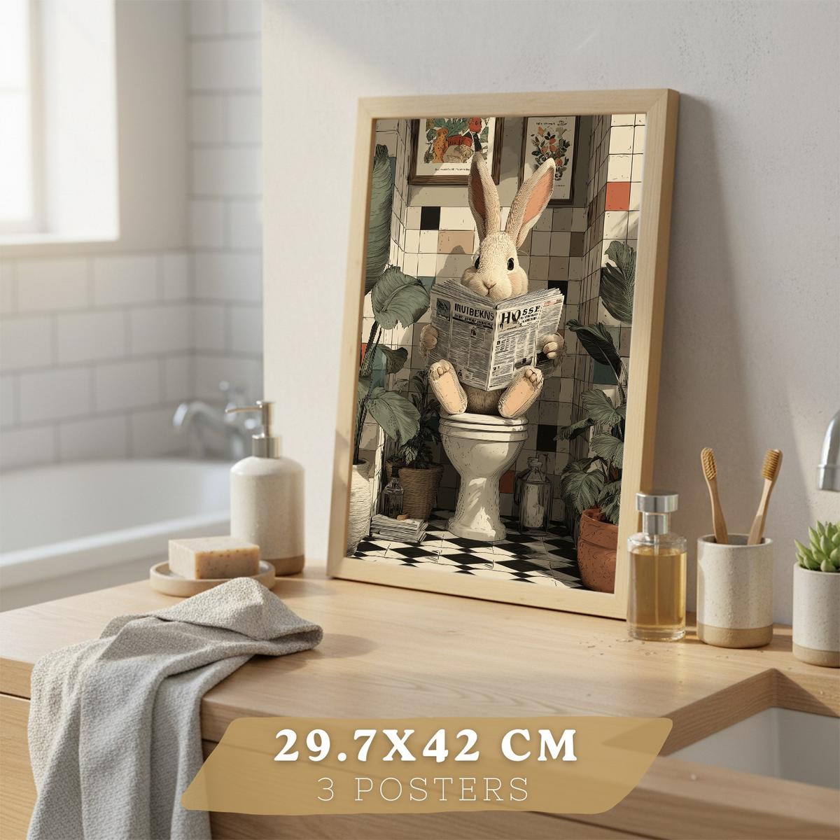POSTER 3er-Set Tierdrucke im Badezimmer, lustige Waschbär Kaninchen-Dekorationsbilder im modernen Vintage-Stil für und Toilette Leichter Holzrahmen A3 - Beige, Papier (42/29.7/3cm) - Nacnic